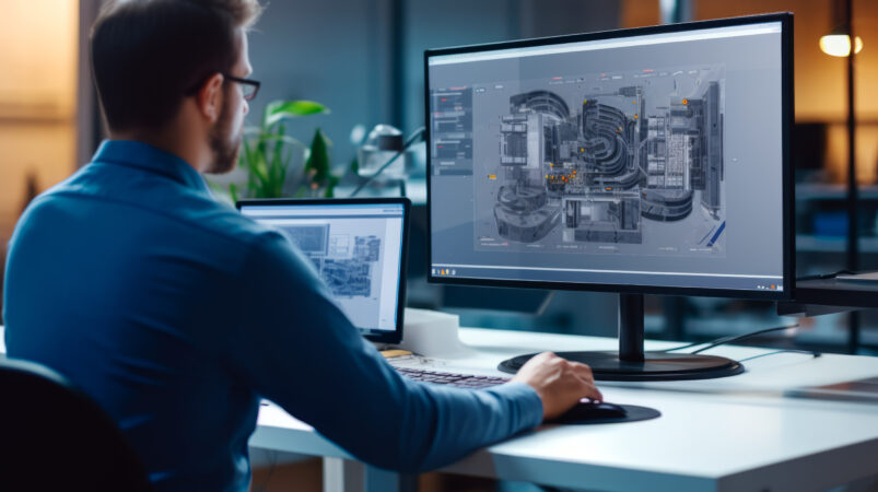Engineer analyzing technical diagrams for product development on digital screen.