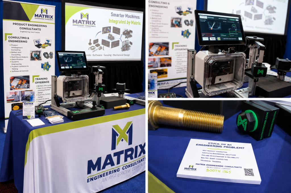 Matrix Engineering Consultants display showcasing product engineering consulting and bolted joint analysis services.