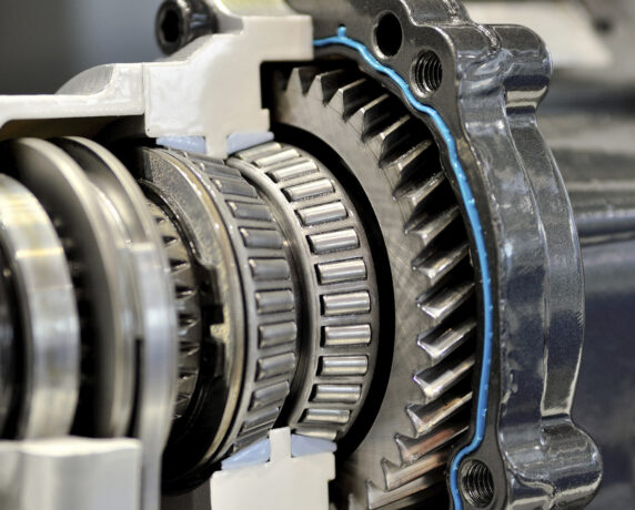 Precision-machined metal gears closely interlocked