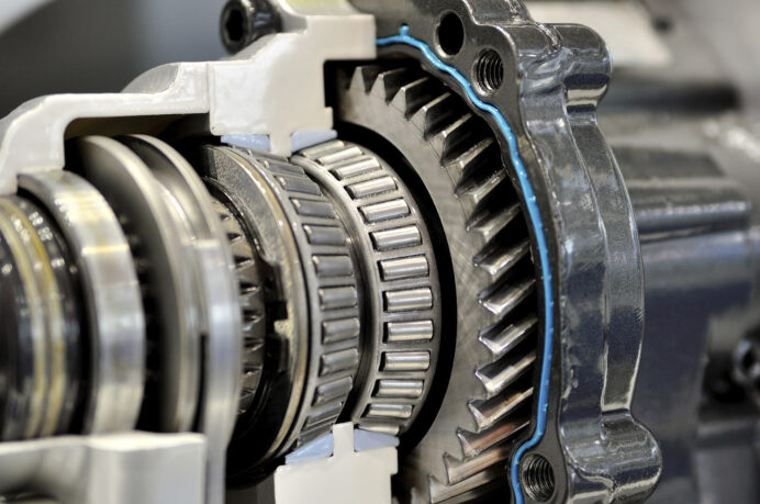 Precision-machined metal gears closely interlocked